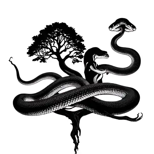 Adam And Even In Front Of Tree Of Life With Snake Wrapped Around