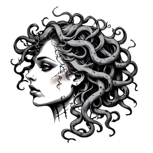Medusa With Stitches Over Her Mouth