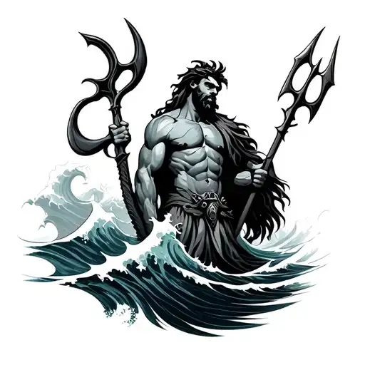 Poseidon With Trident On Wave A Little Bit Angry