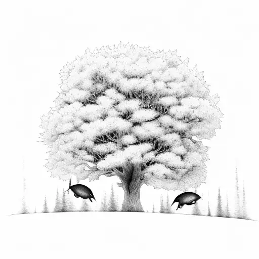 One Line Drawing Of A Tree And A Simplefish