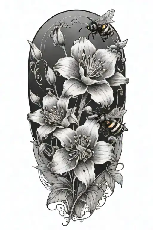 Lily Poppy Flowers Blooming With Bee Flying Towards