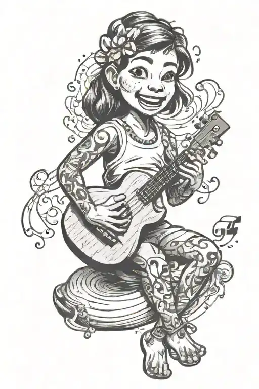 A Sketch Style Tattoo Of Lilo Playing A Ukulele On A Beach With Music Notes Floating In The Air