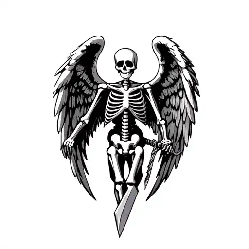 Skeleton Angel Wings Holding Blade