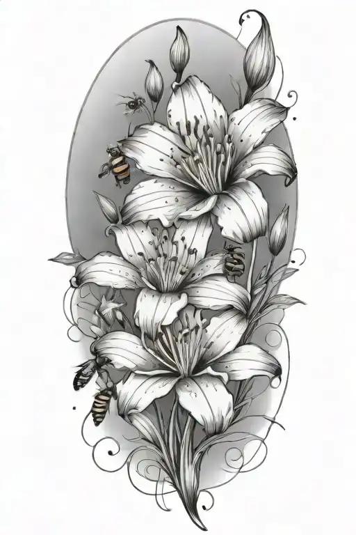 Lily Poppy Flowers Blooming With Bee Flying Towards