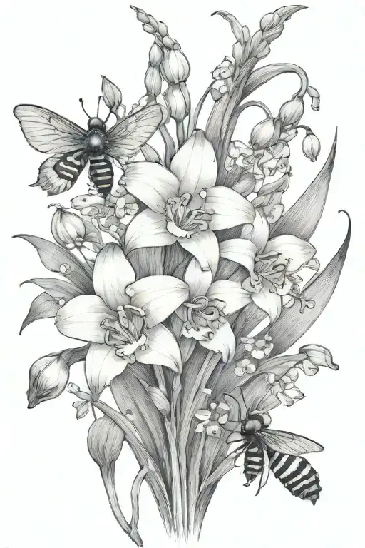 Lily Of The Valley Gladiolus Lotus Flowers Bloominwith Bee Flying Towards Living