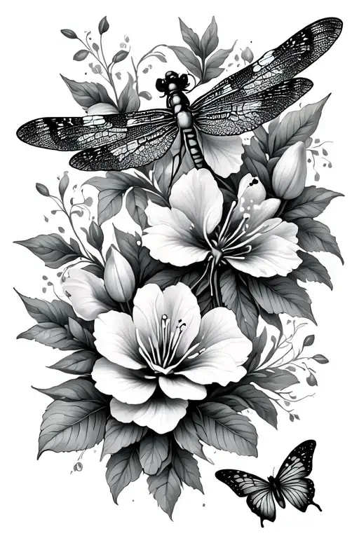 Dragonflies And Butterflies Intertwined With Trailing Belladonna And Oleander Flowers