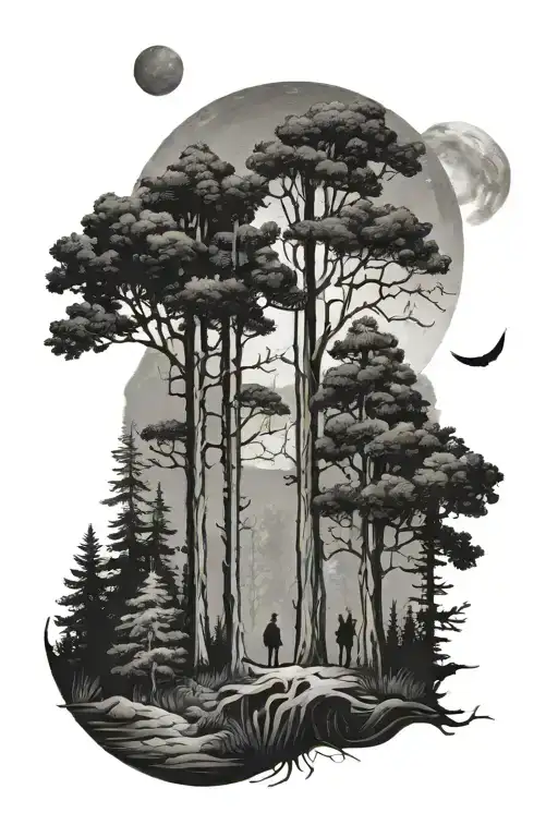 A Forest Scene With A Couple Gazing At The Moon