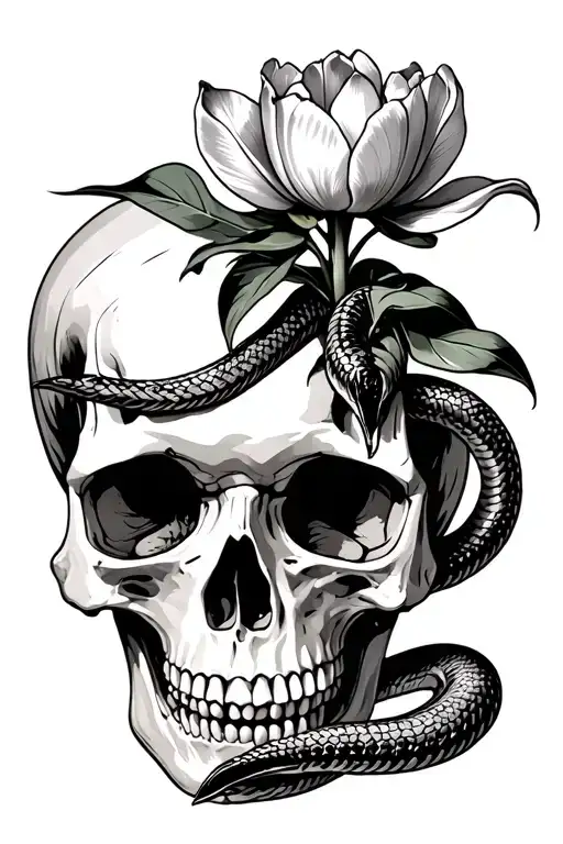 A Tulip Growing From A Skull And A Snake In The Skull's Eye Socket