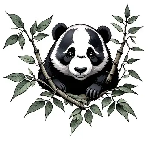 3 Branches Of Bamboo And A Very Small Panda Head Hidden In The Leaves Of The Middle