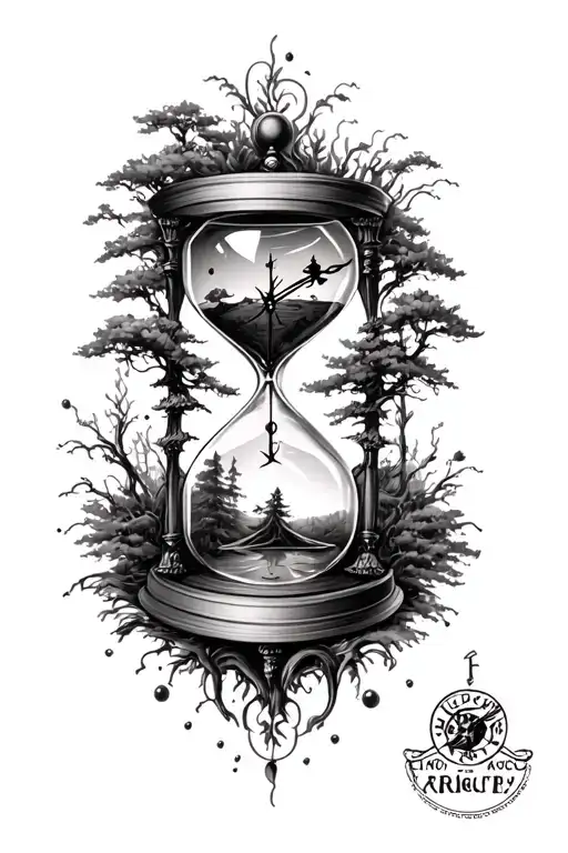 Hourglass With Trees Inside And Around With A Clock