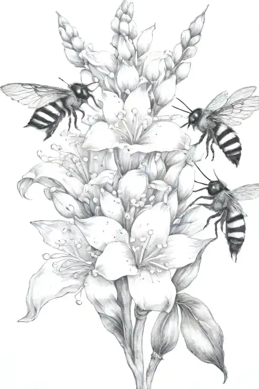 Lily Of The Valley Gladiolus Lotus Flowers Interwined With Bumblebee Flying Towards Living