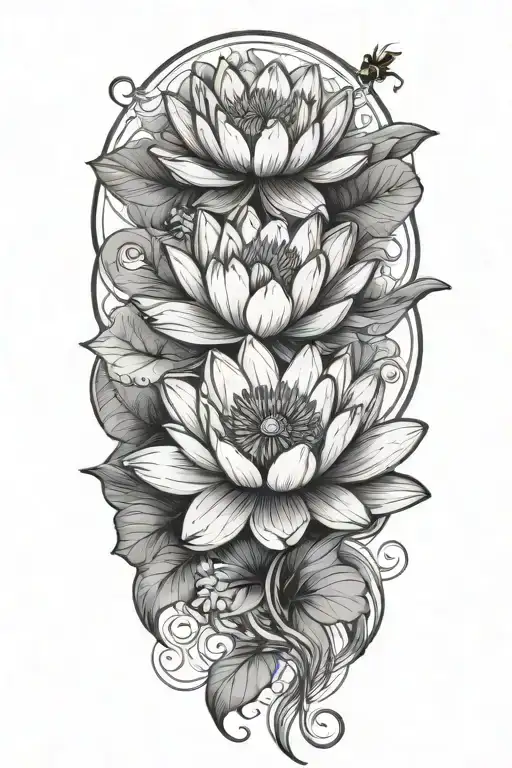 Water Lily Poppy Lotus Flowers Intertwined With Bee