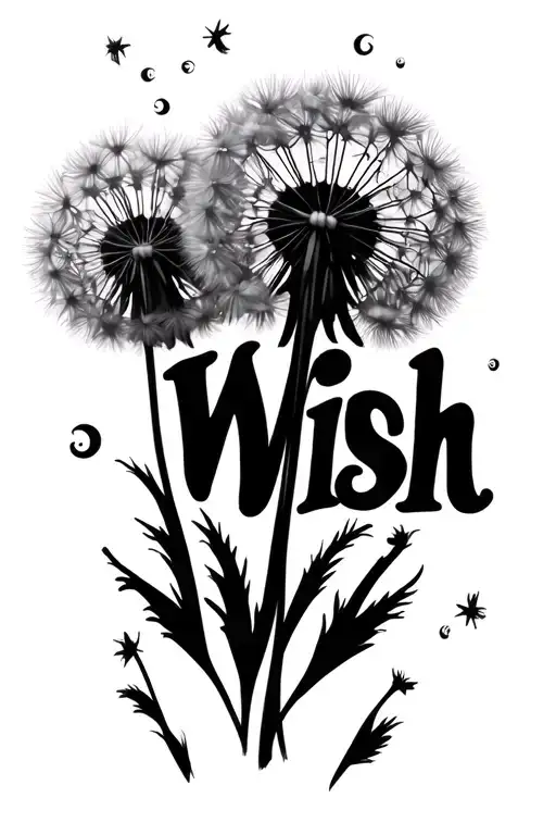 Dandelion Blowing Peace Signs Floating And Stem Shaped Into The Word Wish