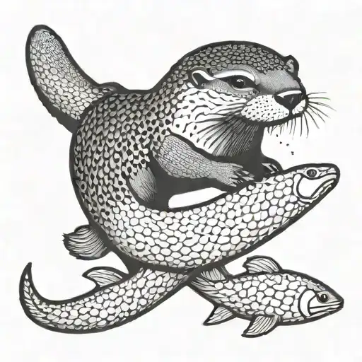 A Playful Dotwork Otter Floating On Its Back In A Black-grey River Filled With Sketch-style Fish