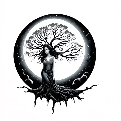 Woman Tha Turns Into A Tree With Moon Underneath