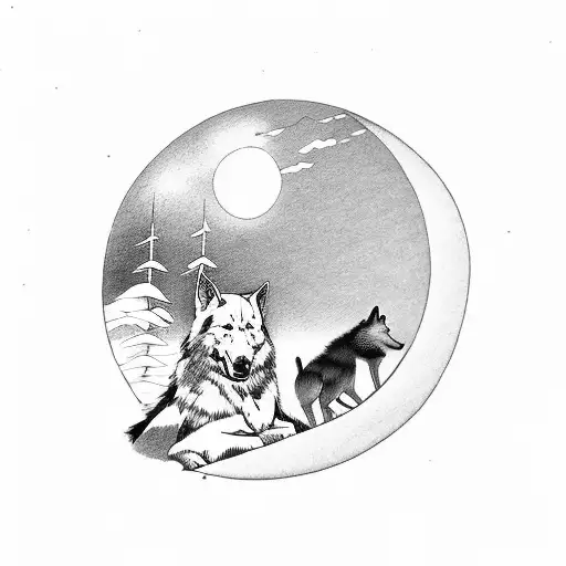 Samurai With Wolf Looking At The Moon In The Woods