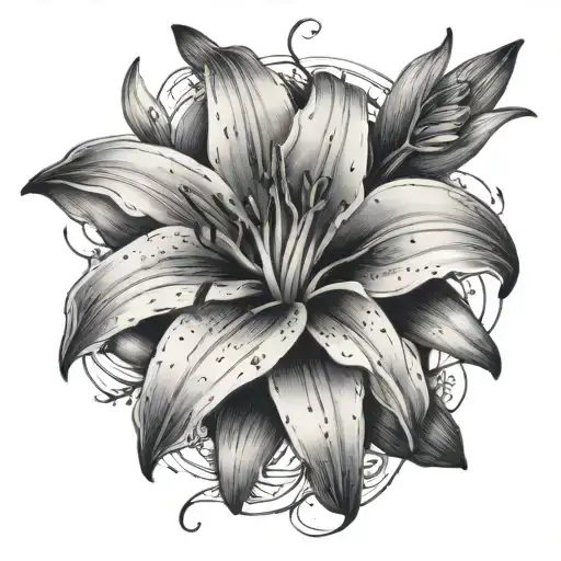 A Black-grey Lily Tattoo With A Sketch-style Background Of The Client's Hobbies