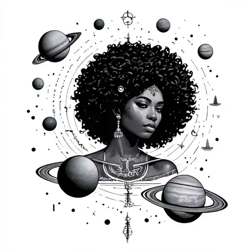 Black Woman Full Body With Afro Libra Surrounded With Planets