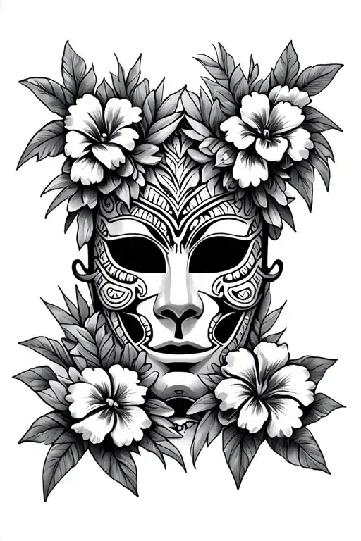 Broken Hawaiian Mask Surrounded With Flowers