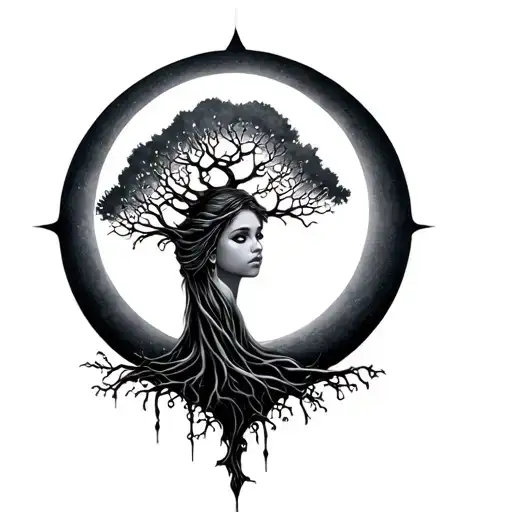 Woman Tha Turns Into A Tree With Moon Underneath