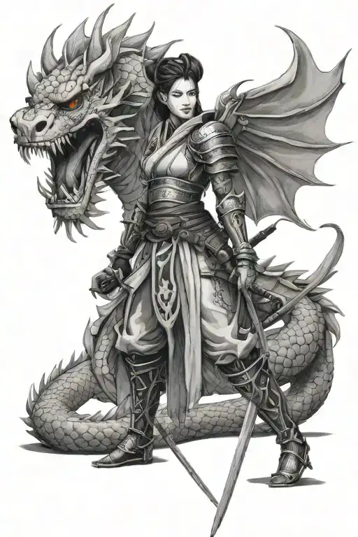Full Body Beautiful Female Warrior In Samurai Suit With Dragon Companion