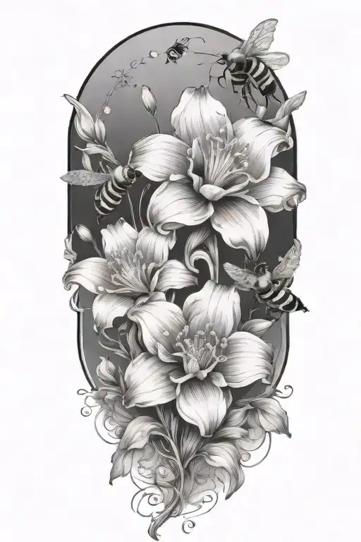 Lily Poppy Flowers Blooming With Bee Flying Towards