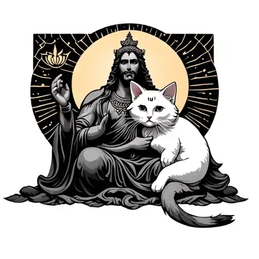 A God Sculpture Holding A Furry White Cat And A Moon As A Background