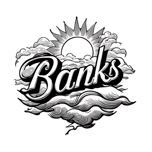 The Word Banks In Cursive With The Sun Shining Clouds