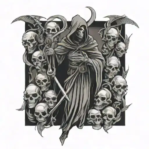 Dark Grim Reaper With Lot Of Skulls Surrounding Him