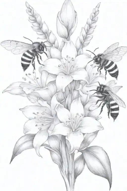 Lily Of The Valley Gladiolus Lotus Flowers Interwined With Bumblebee Flying Towards Living