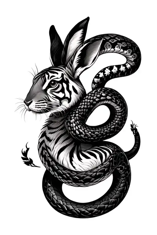 Tiger Rabbit Snake Intertwined Symbolizing Family
