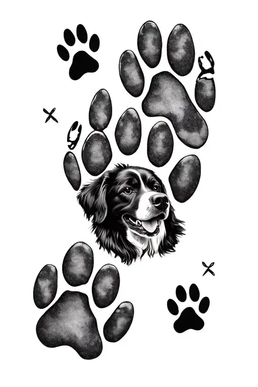 Arm Sleeve Tattoo Featuring Dog Paw Prints With Dogs Portrait Inside The Paw Prints
