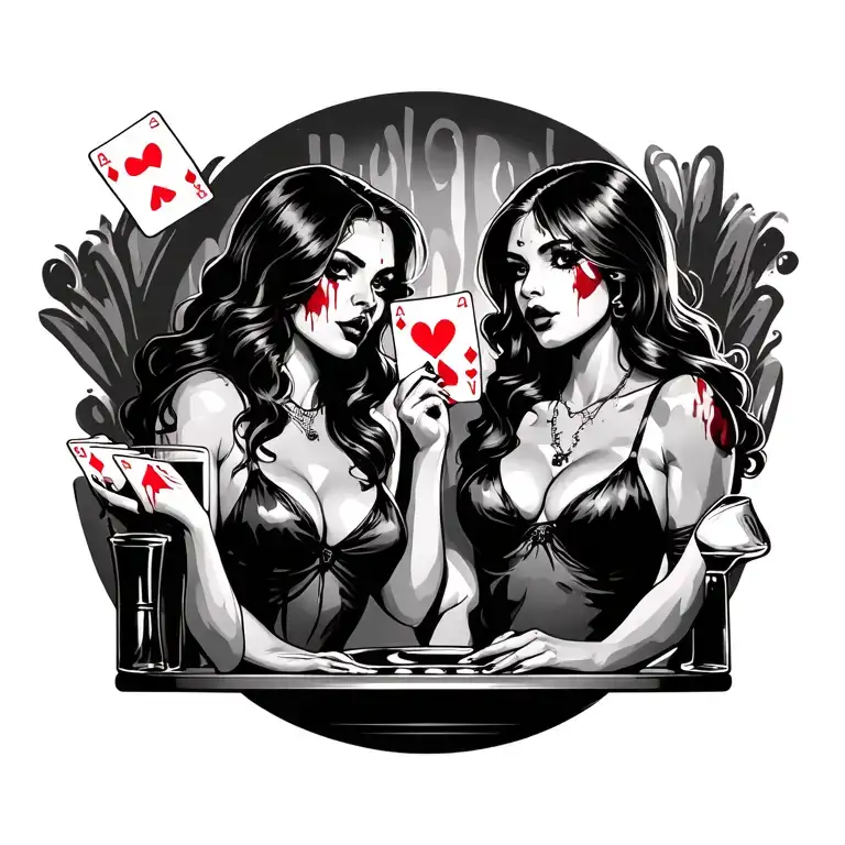 Sexy Bloody Two Women With Playing Cards Playing In A Bar