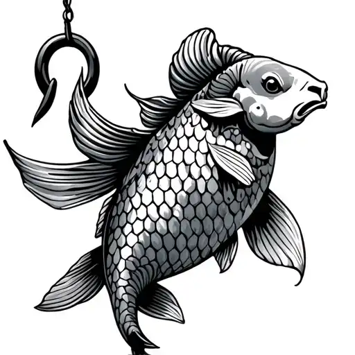 Koi Fish With Hook Hanging With Shepherds Hook On Its Side With Ram Head