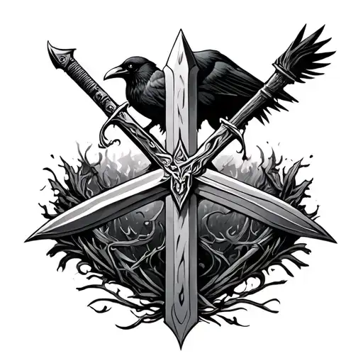 Maltest Cross Surrounded By Two Old Swords An A Crow