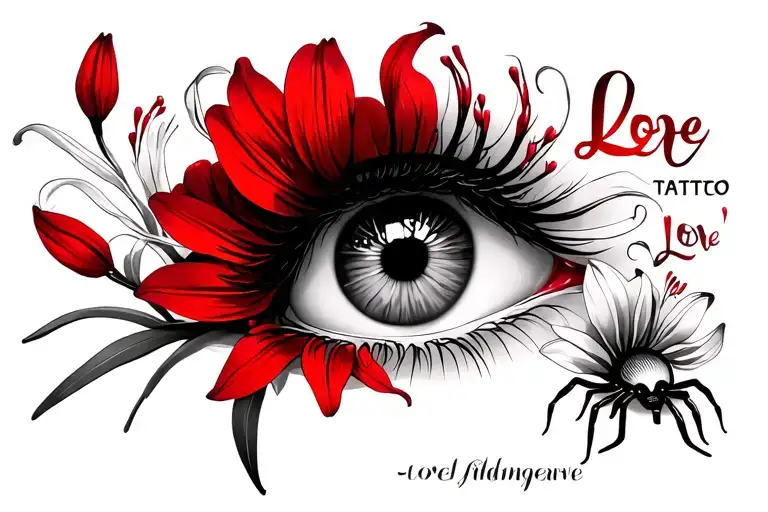 Beautiful Eyes With Red Spider Lily Flowers And The Word Love