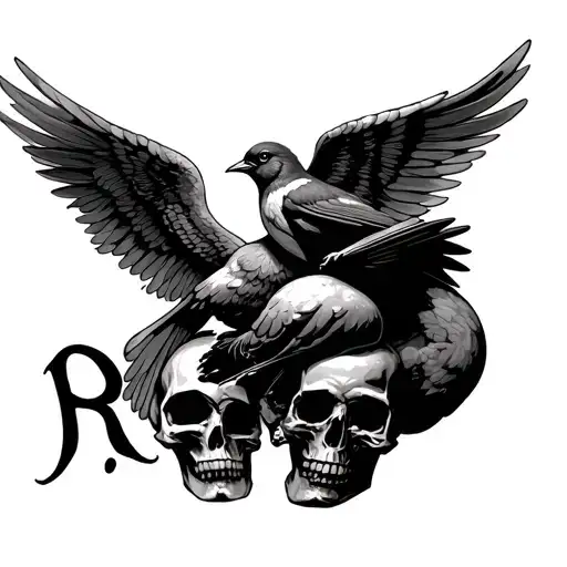 Flying Robin With Angel Holding And Skulls With Letter R And S