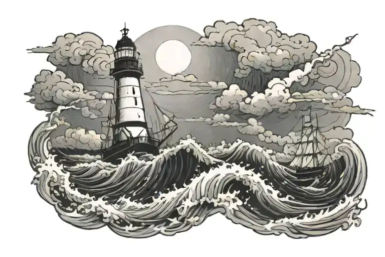 A Ship In The Middle Of A Storm At Sea Reaching A Lighthouse