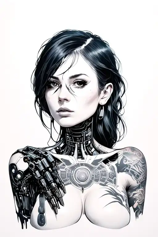 Cyberpunk Lady With Robotic Arm And Neck