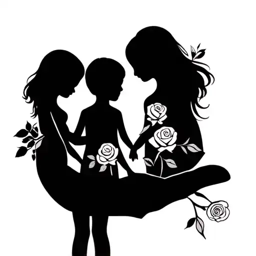 Loving Mom And Two Children On Her Hand And Girl With Roses In Her Hands