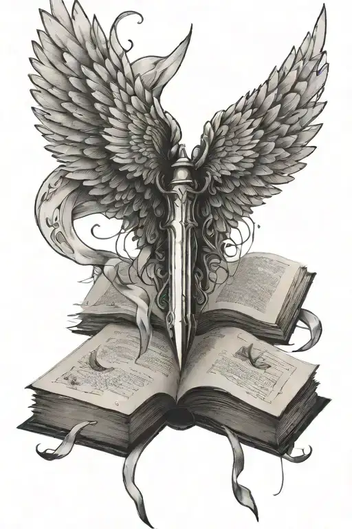 Wings With Blade In Between With Book Pages Flying Around It