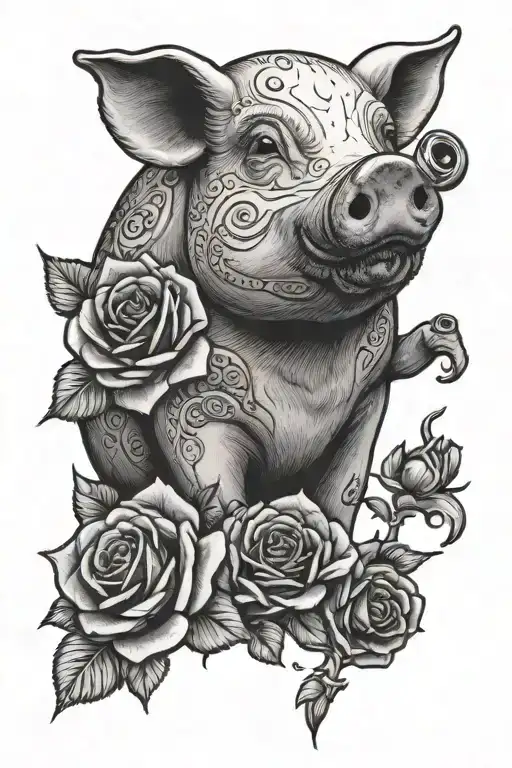 Pig With Lighter With Roses In Background Black And White