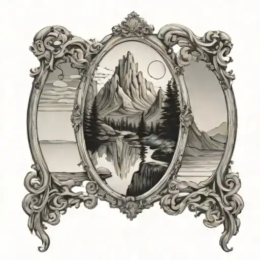 A Surreal Scene Of A Mirror Reflecting A Beautiful Landscape With Hair Flowing Like A Waterfall