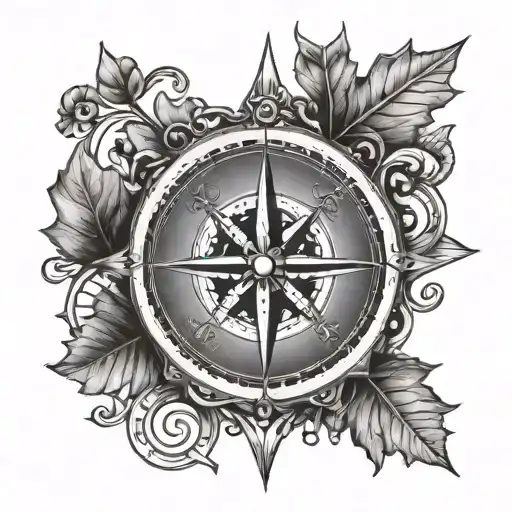 A Stylized Compass Design With Oak Leaves And Acorns As Cardinal Directions