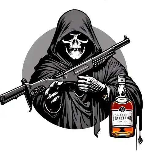 Grim Reaper Holding Rifle And Liquor
