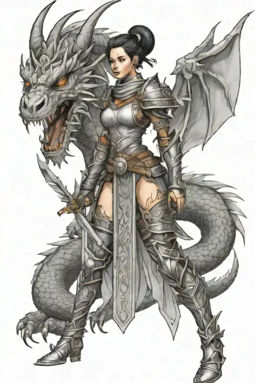 Full Body Female Warrior With Twin Dragon Companion