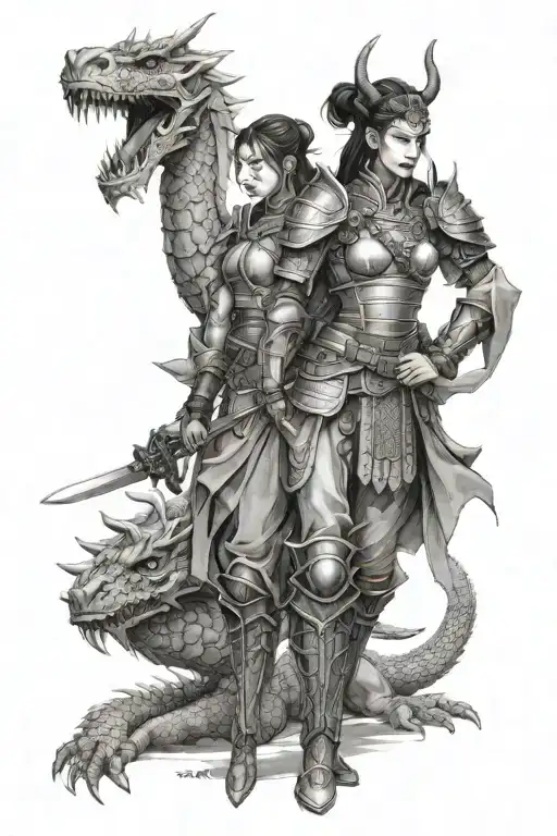 Full Body Female Warrior In Samurai Suit With Twin Dragon Companion