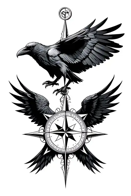 Nordic Compass With An Outstretched Raven Beneath It