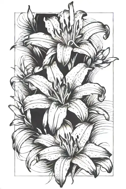 Three Lily Tattoo With A Sketch-style Background Of The Client's Hobbies
