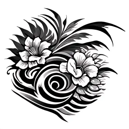 Hawaiian Tribal Inspired Design Featuring Waves And Flowers